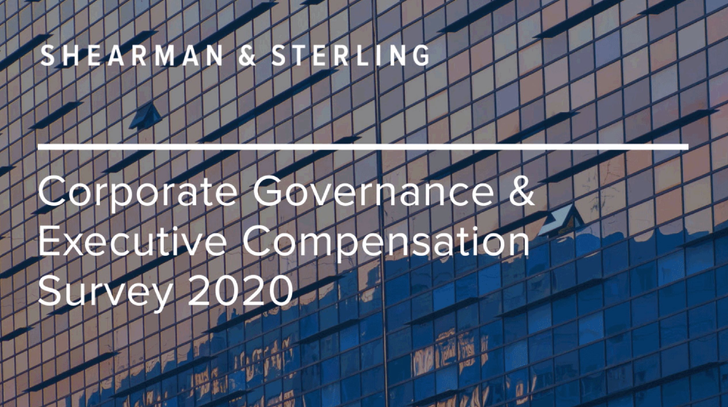 Blue and pink office building windows with report title and logo